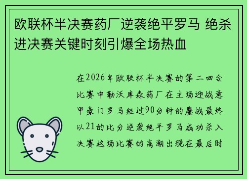 欧联杯半决赛药厂逆袭绝平罗马 绝杀进决赛关键时刻引爆全场热血 欧联杯半决赛药厂逆袭绝平罗马 绝杀进决赛关键时刻引爆全场热血